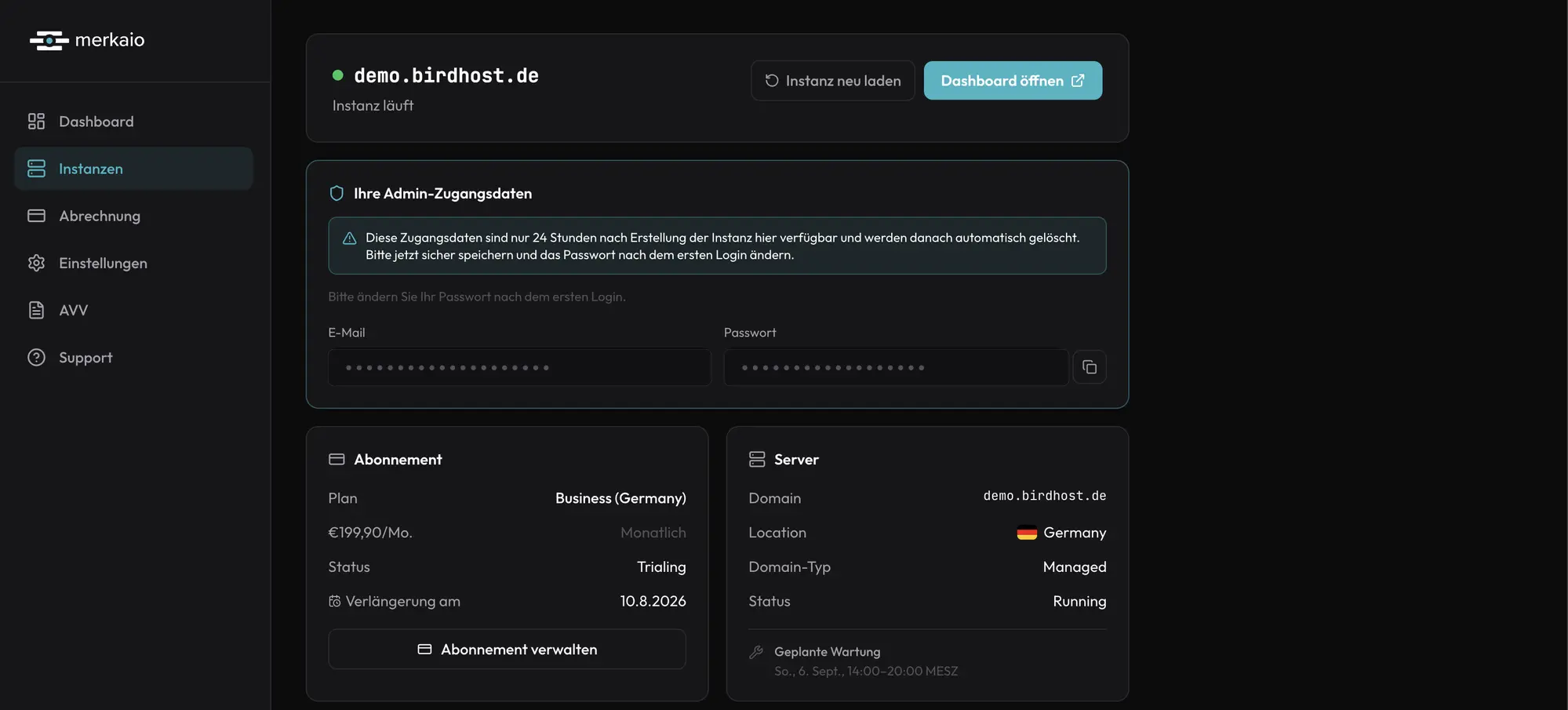 merkaio-Portal: laufende birdhost-Instanz mit Abonnement, Serverstandort Deutschland und geplantem Wartungsfenster