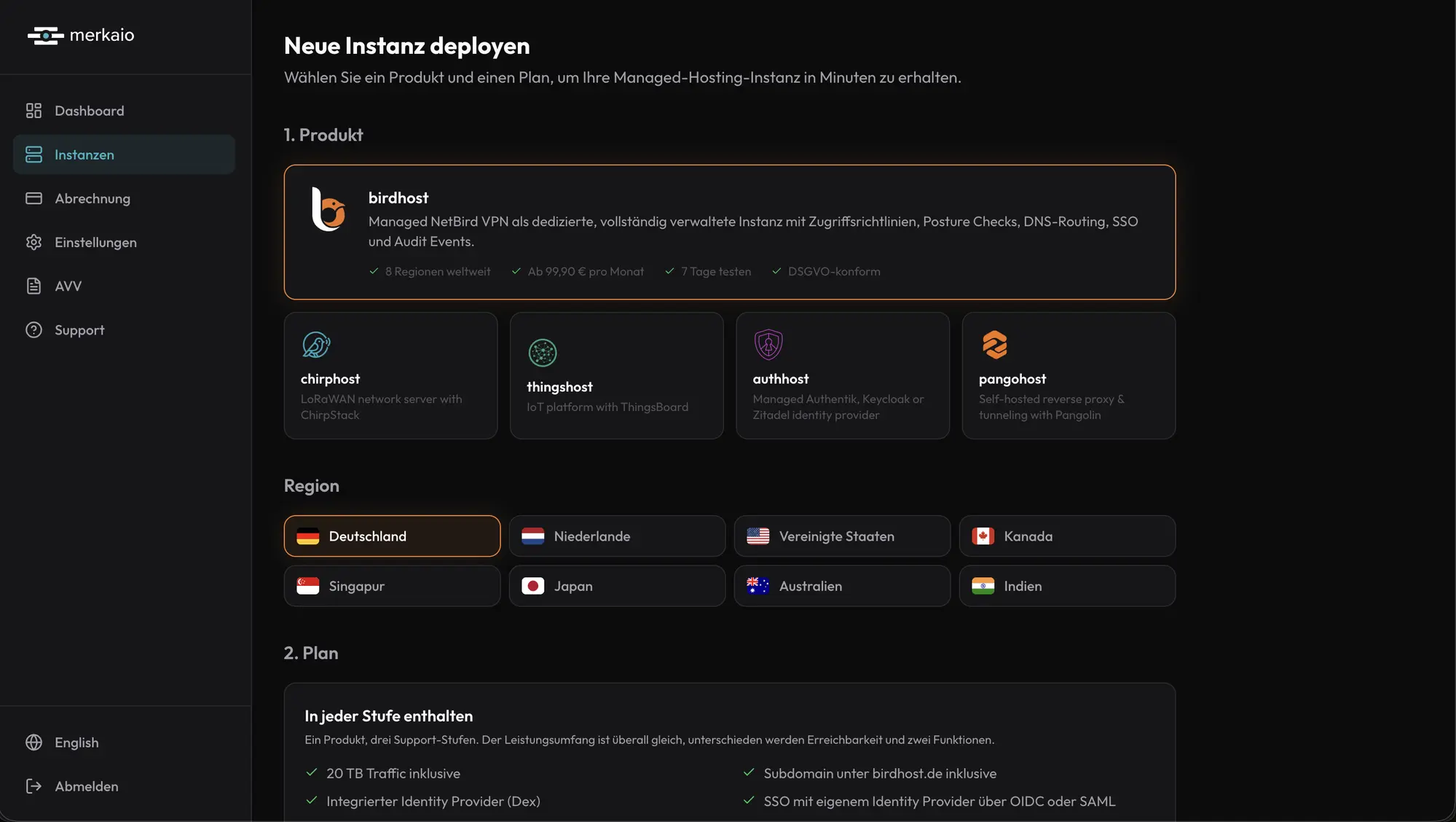merkaio-Portal: Produktauswahl mit birdhost und Regionsauswahl von Deutschland bis Indien